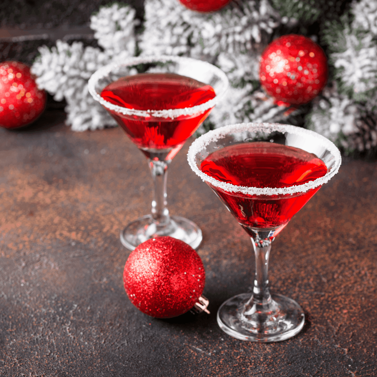 Two red cocktails in martini glasses with sugar rims, surrounded by red Christmas ornaments and tinsel.