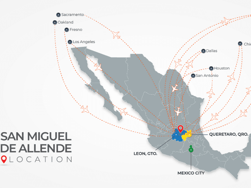 Map with flight routes to San Miguel De Allende used at Live Aqua Resorts and Residence Club