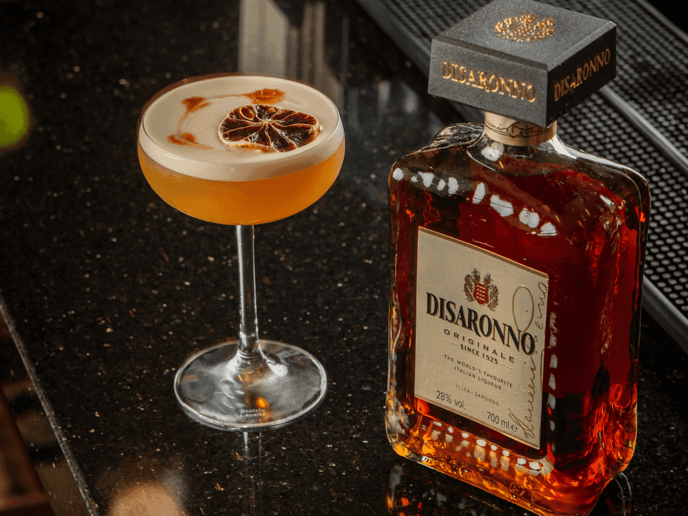 Disaronno served on countertop in TUX Bar & Lounge at Carlton Hotels Singapore