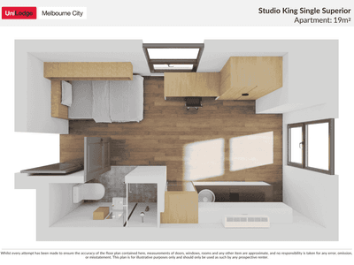 Floor plan of a Studio King Single Superior apartment in Melbourne City with a bed, desk, and bathroom.