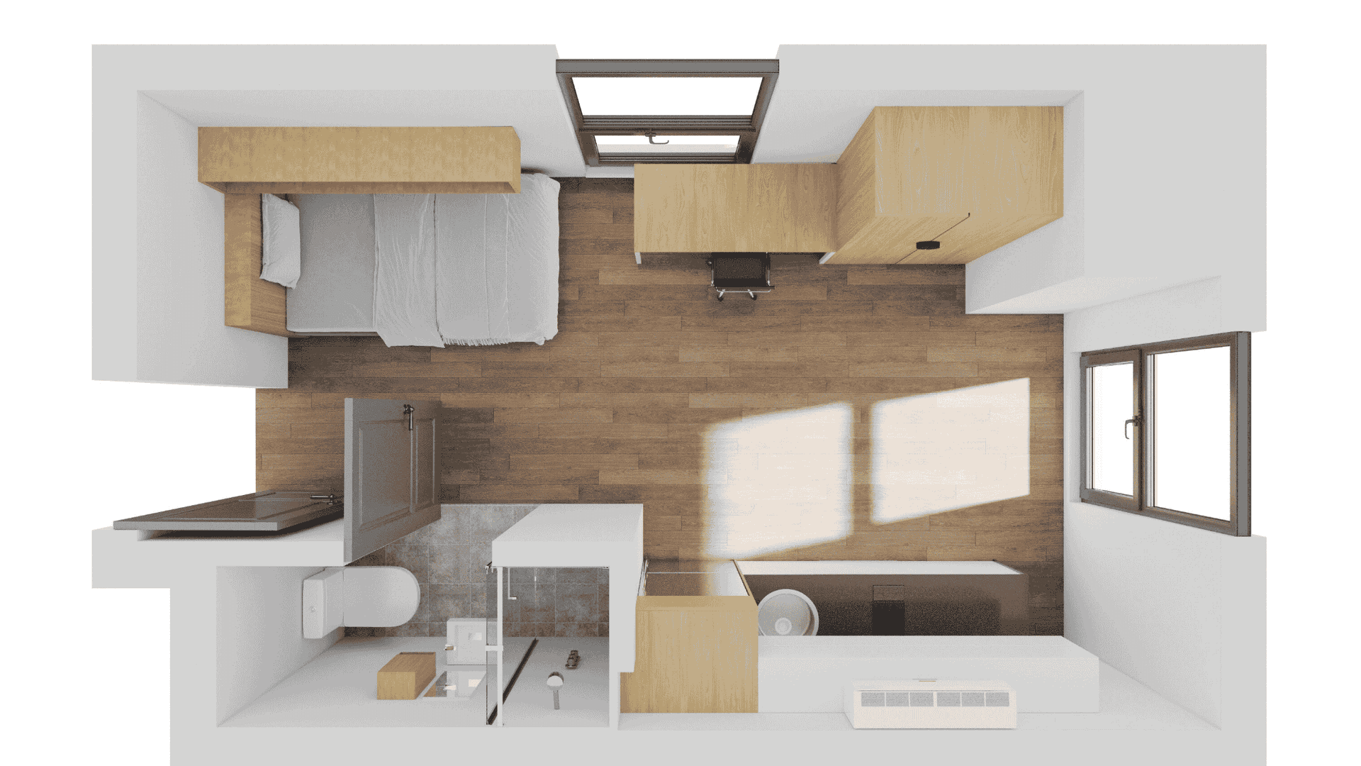 Floor plan of a Studio King Single Superior apartment in Melbourne City with a bed, desk, and bathroom.