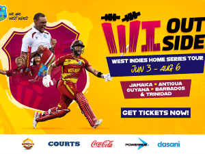 West Indies Home Series Tour promo banner showing cricket players on yellow background used by Jamaica Pegasus Hotel