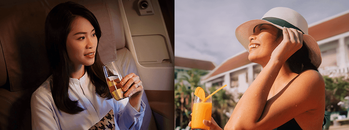 Split image of a lady sipping a drink in an airplane with KrisFlyer & another having a drink by Novotel Olympic Park's pool