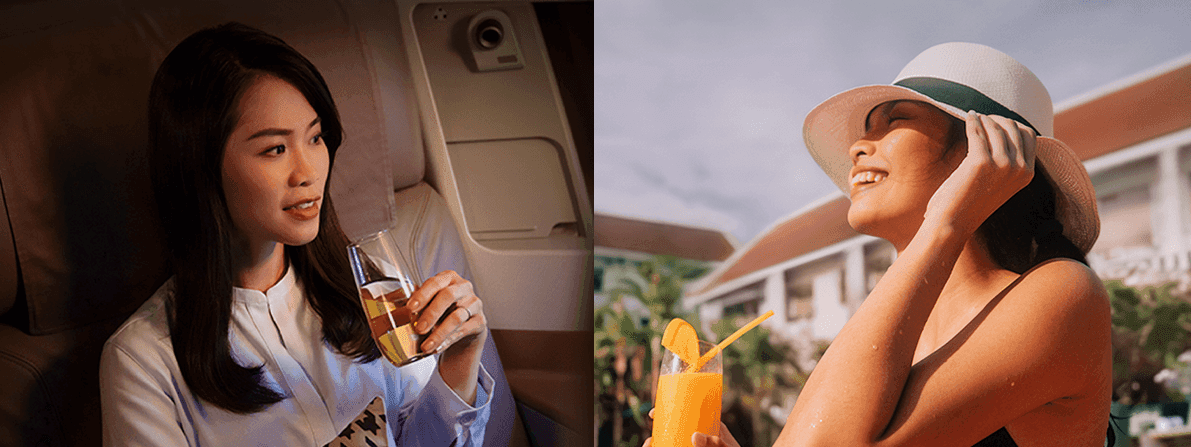 Split image of a lady sipping a drink in an airplane with KrisFlyer and another having a drink by Novotel Olympic Park's pool