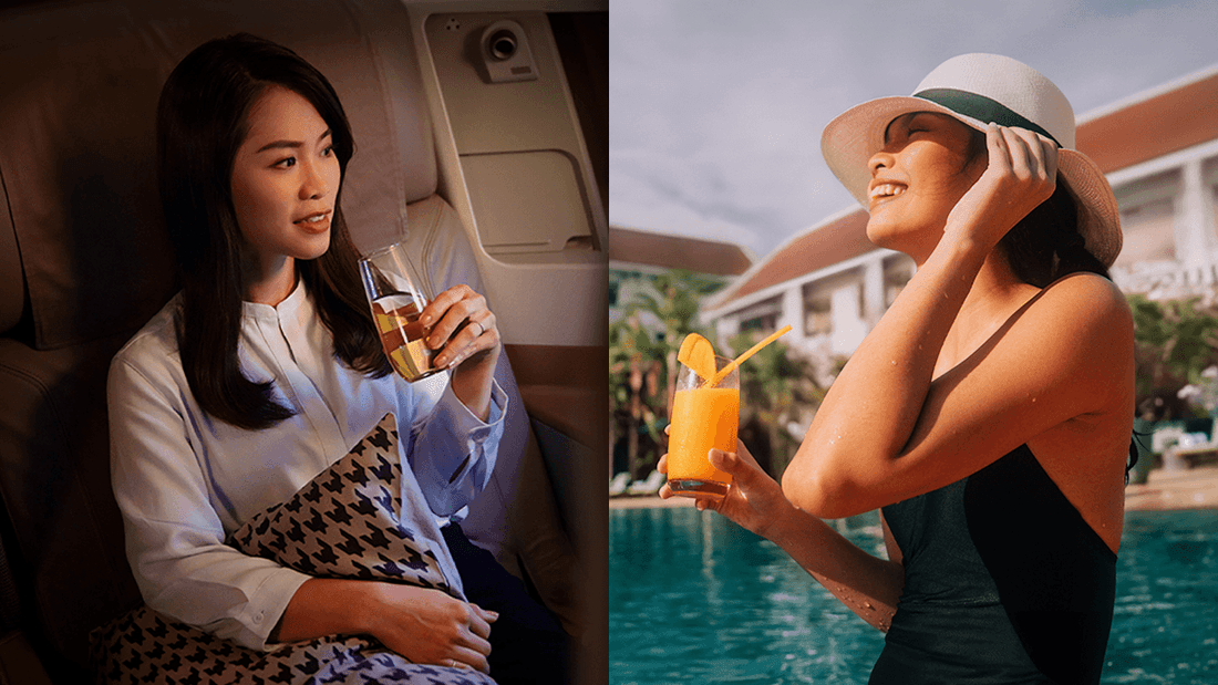 Split image of a lady sipping a drink in an airplane with KrisFlyer and another having a drink by Novotel Olympic Park's pool