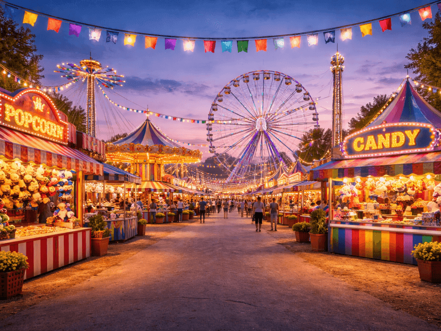 Vibrant evening carnival near One Hotels, featuring a lit Ferris wheel, carousels, and colorful food stalls