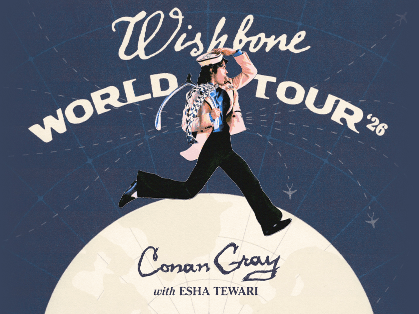 Conan Gray Wishbone World Tour 2026 poster with performer on globe.
