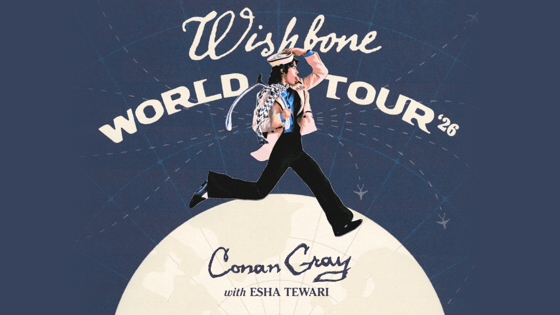 Conan Gray Wishbone World Tour 2026 poster with performer on globe.