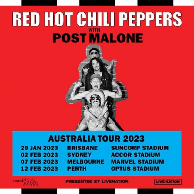 Band members posing. tour dates and locations listed