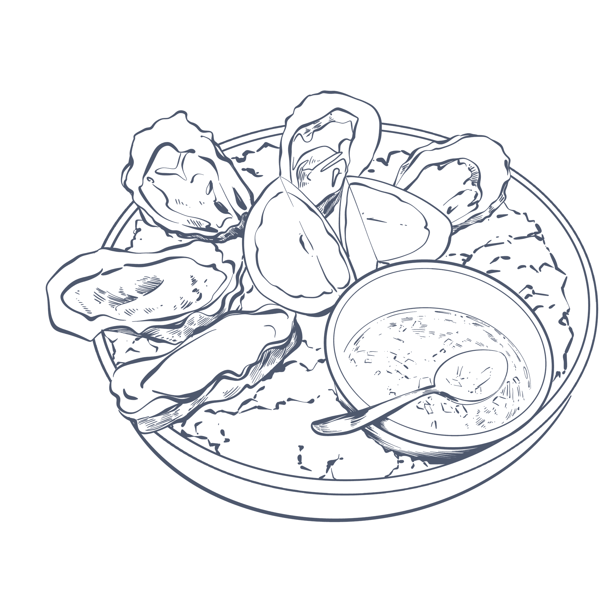 Illustration of a bowl filled with fresh oysters on ice by a sauce cup at The Capital Hotel, Apartments and Townhouse