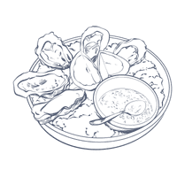 Illustration of a bowl filled with fresh oysters on ice by a sauce cup at The Capital Hotel, Apartments and Townhouse