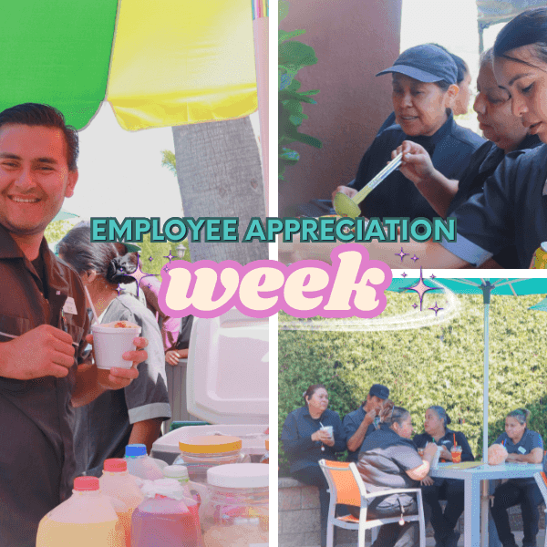 Hotel staff enjoying outdoor celebration activities and meals together during Employee Appreciation Week event.