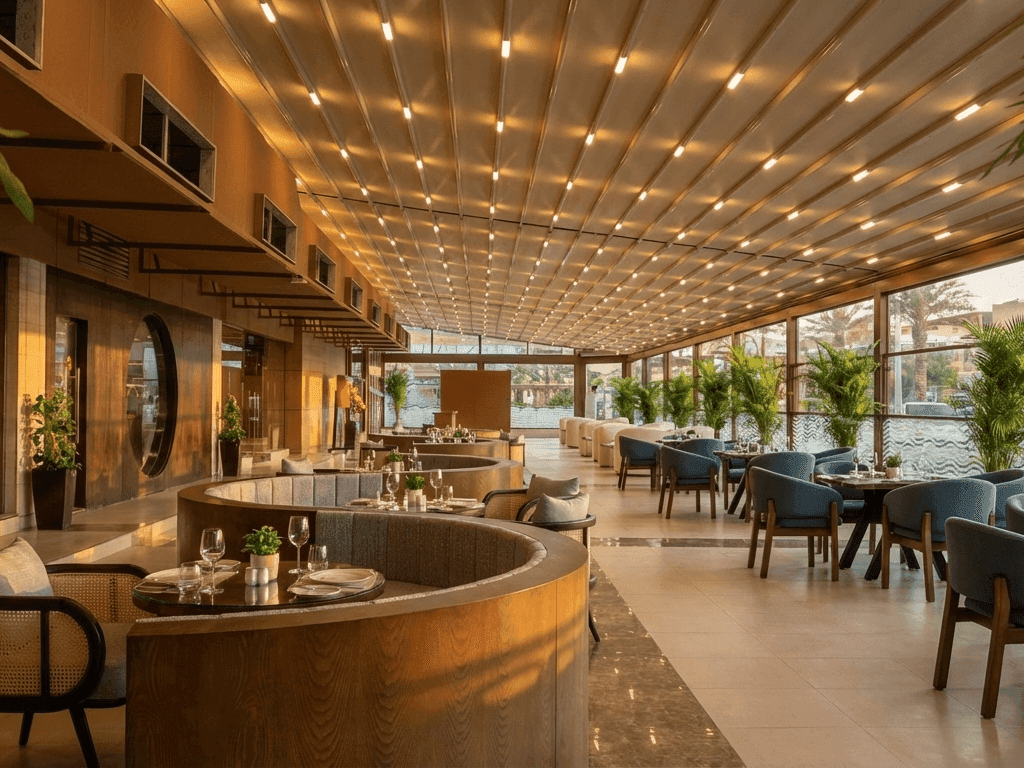 Elegant dining area with tables, chairs, and plants at La Veranda - Dining & Shisha Lounge in Dubai's Two Seasons Hotel & Apartments.