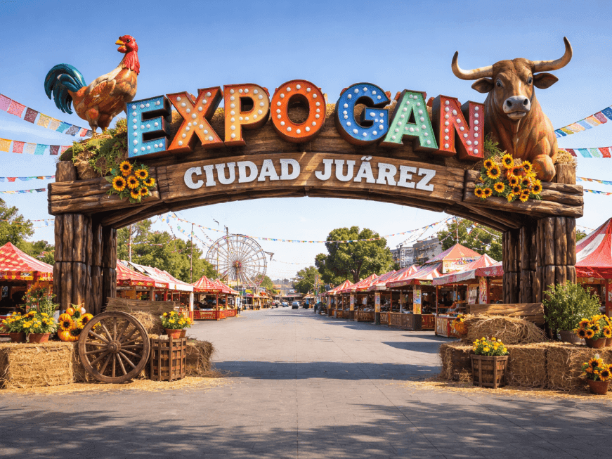 The colorful Expogan Ciudad Juarez entrance arch with animal statues at a fairground near One Hotels