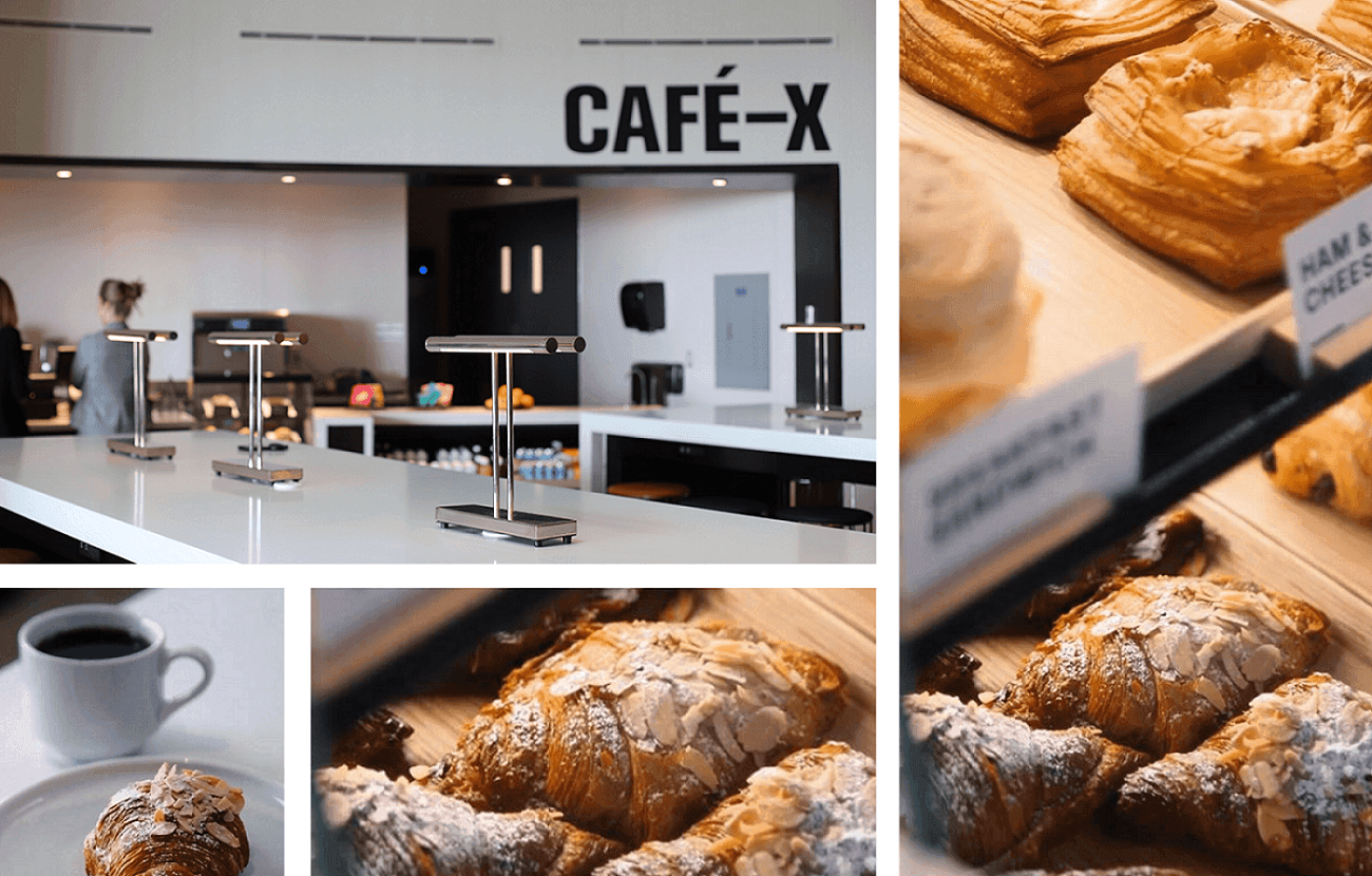 Collage image showing Café-X counter with modern lamps and fresh baked croissants and coffee at Hotel X Toronto
