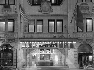 Black & white portrait of the entrance at Warwick New York Hotel