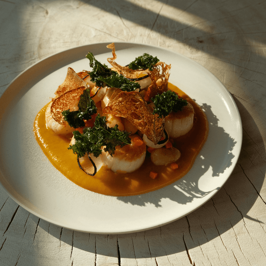 Seared scallops served with a puree, possibly butternut squash, and garnished at The Stonebreaker Hotel