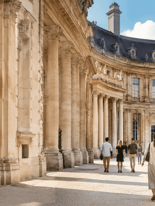 Visitors strolling through a sunlit courtyard surrounded by elegant Parisian architecture during European Heritage Days
