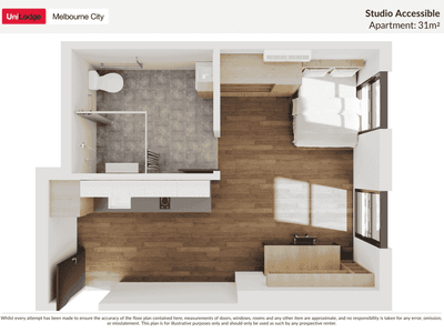 Floor plan of a Studio Accessible apartment in Melbourne City with bathroom, kitchen, and sleeping area.