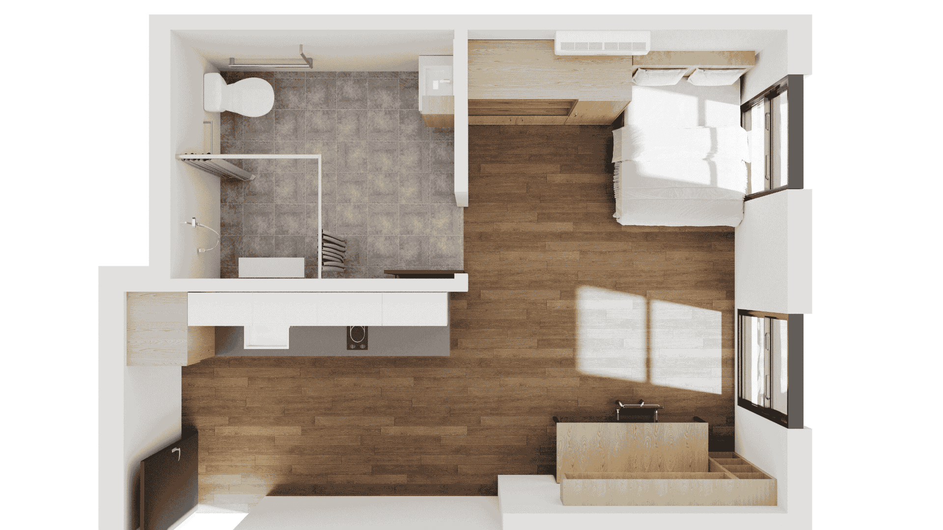 Floor plan of a Studio Accessible apartment in Melbourne City with bathroom, kitchen, and sleeping area.