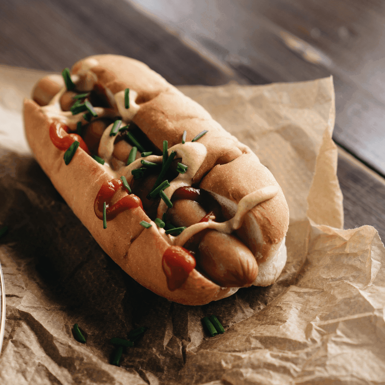 Hot dog on bun with ketchup and chives on paper atop a wooden surface next to a plate.