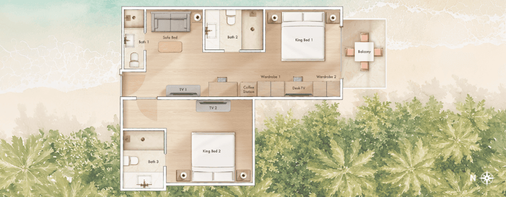 Floorplan of 2 Bedroom King King Partial Ocean View Suites