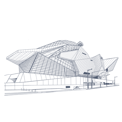 Wireframe sketch of the modern Musee des Confluences architecture near Warwick Reine Astrid - Lyon