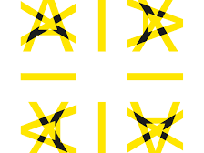 Quatre symboles jaunes de croix formant une grille sur fond blanc.