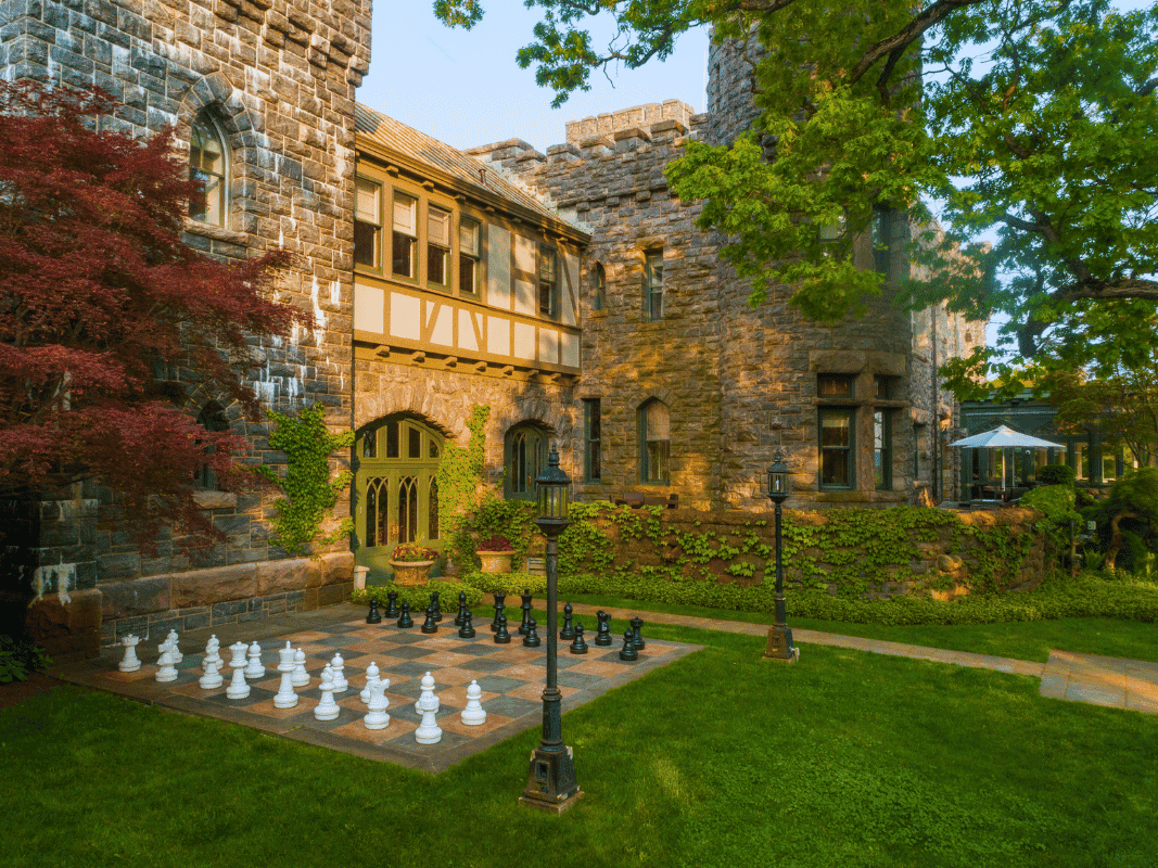 Chess board arranged in the garden at Castle Hotel and Spa