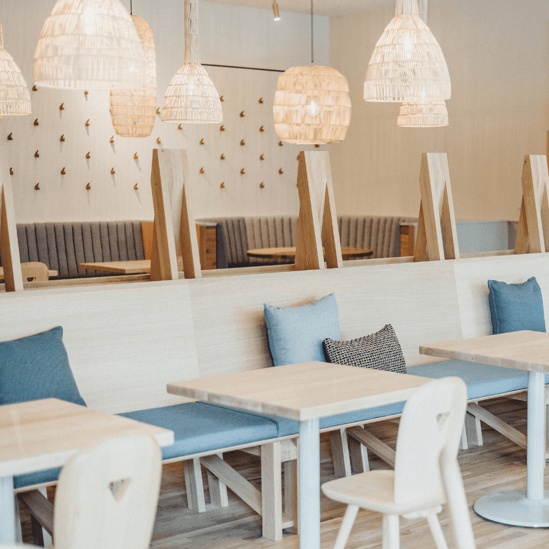 Internal view of the sitting booths at The Restaurant