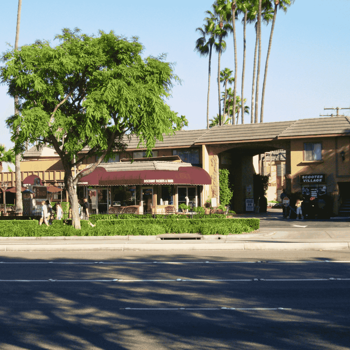 Hotel entrance with red awning and palm trees at Grand Legacy at The Park Anaheim