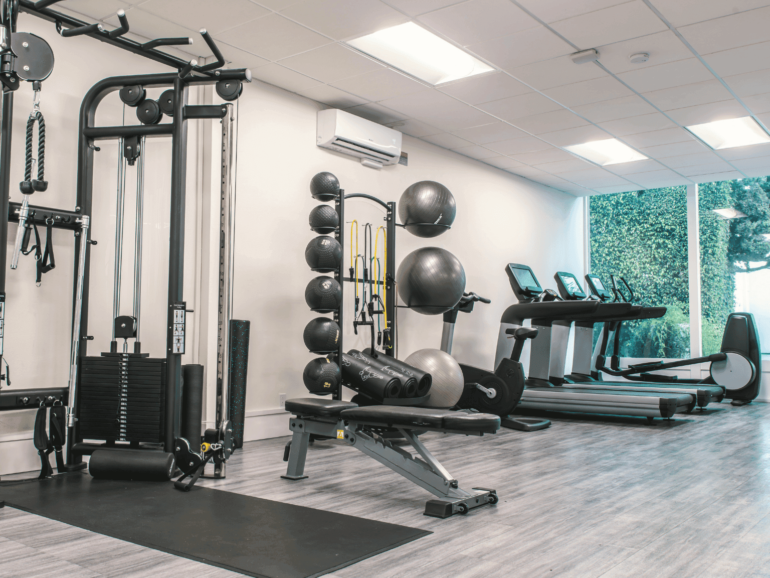 Modern fitness room with weight machines, free weights, and treadmills at The Anaheim Hotel in Anaheim.