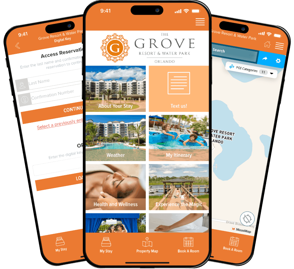 Poster of 3 mobile devices showing The Grove Resort's information used at The Grove Resort & Water Park
