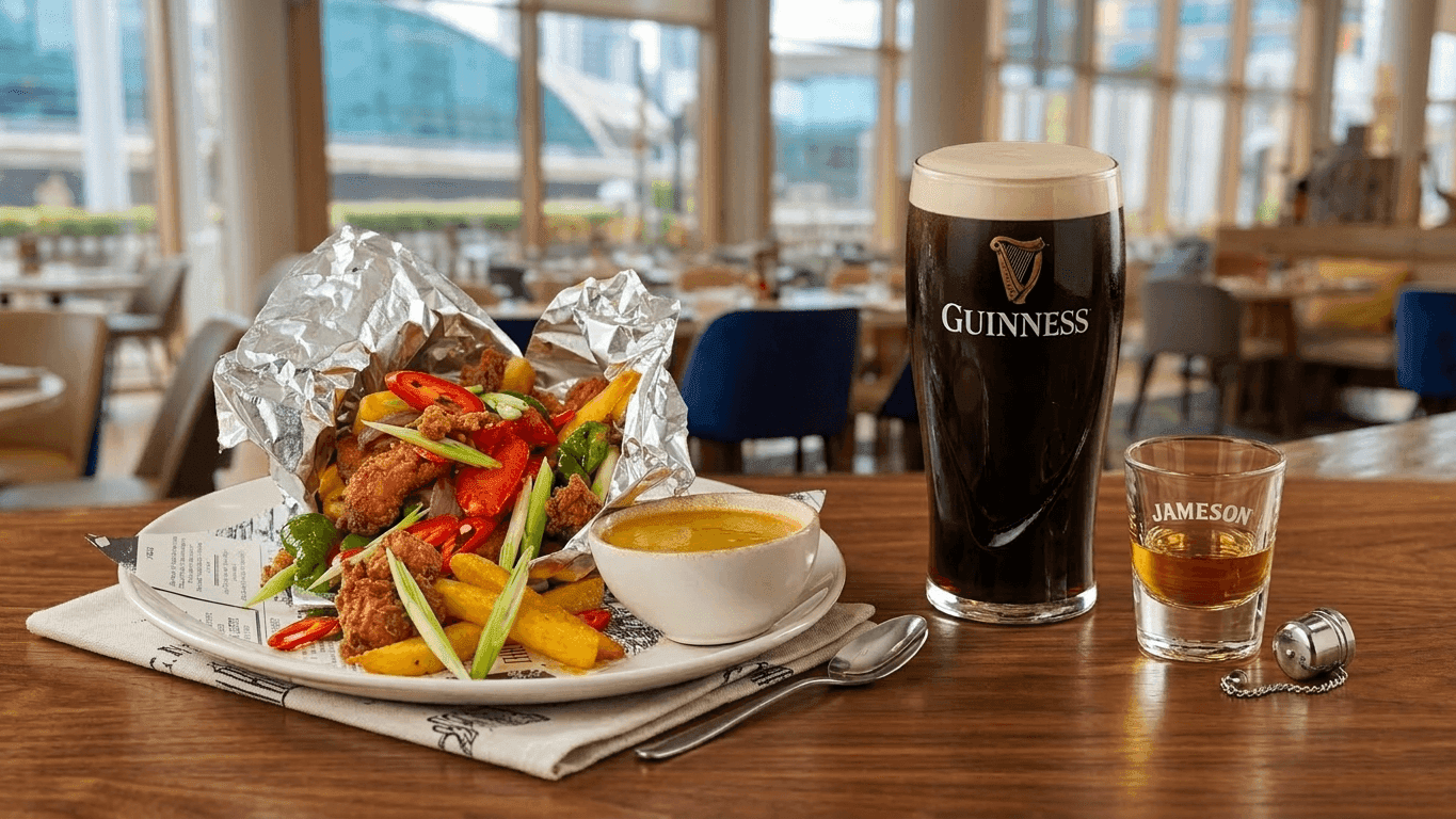 Irish spice bag, Guinness pint and Jameson