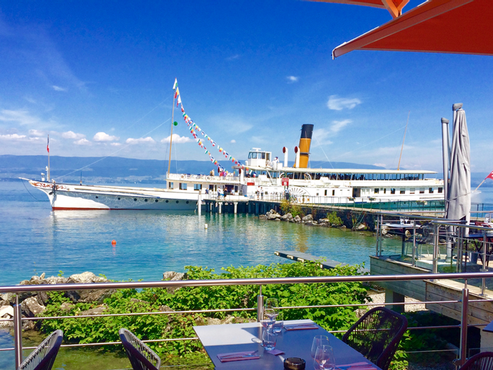 View of Lake Geneva from Le Jolla Restaurant near Hotel Les Gent