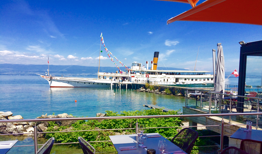 View of Lake Geneva from Le Jolla Restaurant near Hotel Les Gent