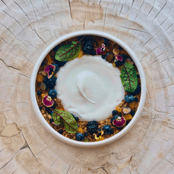 A white bowl of yogurt with fruits and leaves on a wooden surface.