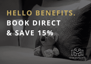Book Direct & Save 15% poster at The Melbourne Hotel Perth.