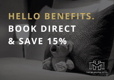 Book Direct & Save 15% poster used at Melbourne Hotel Perth