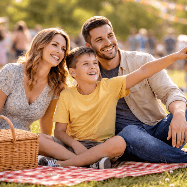 Mum, dad and son enjoying picnic at Wokingham May Fayre