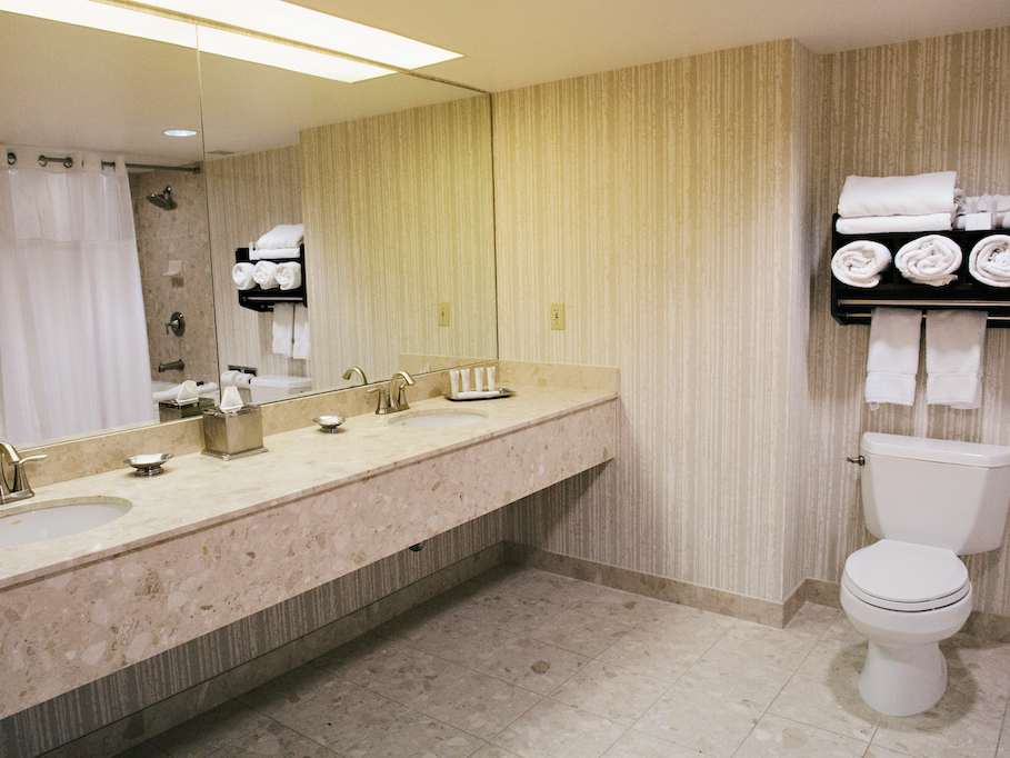 Bathroom vanity area in ADA King Room at The Grove Hotel