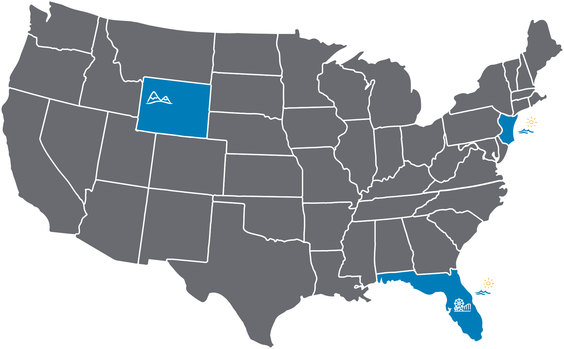 Map of the United States highlighting Colorado, New Jersey, and Florida resort locations at Legacy Vacation Resorts