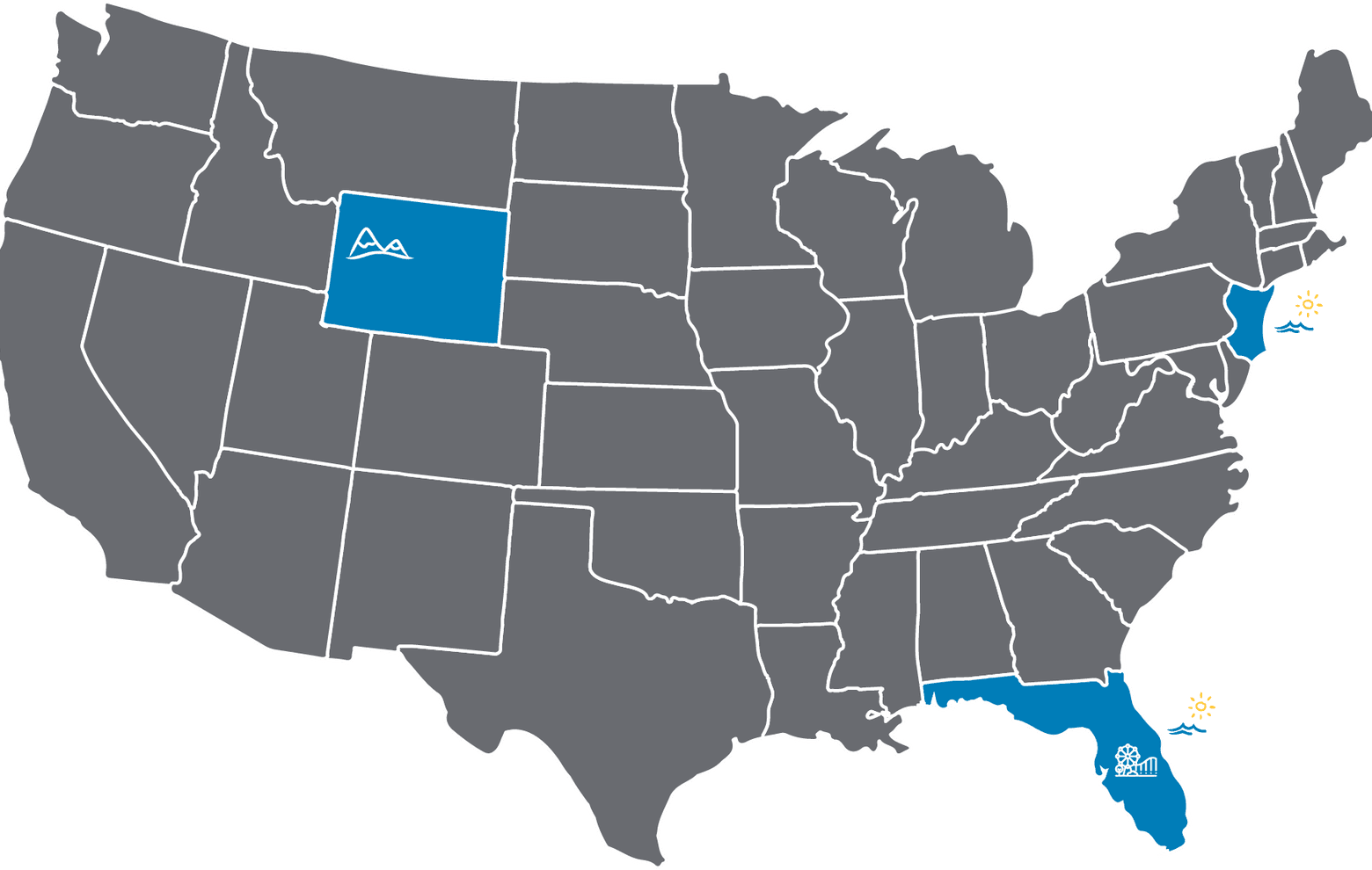 Map of the United States highlighting Colorado, New Jersey, and Florida resort locations at Legacy Vacation Resorts