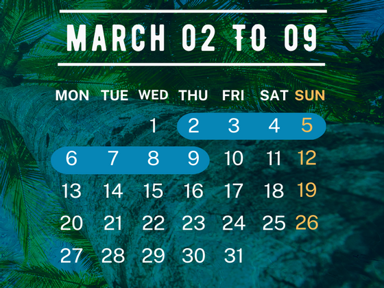 Calendar of March 2nd - 9th at Playa Blanca Beach Resort