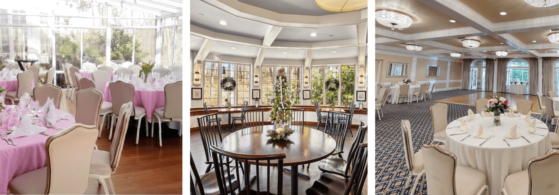 Three-panel collage showing draped tables, a wooden dining setup, and a set event venue at Avon Old Farms Hotel