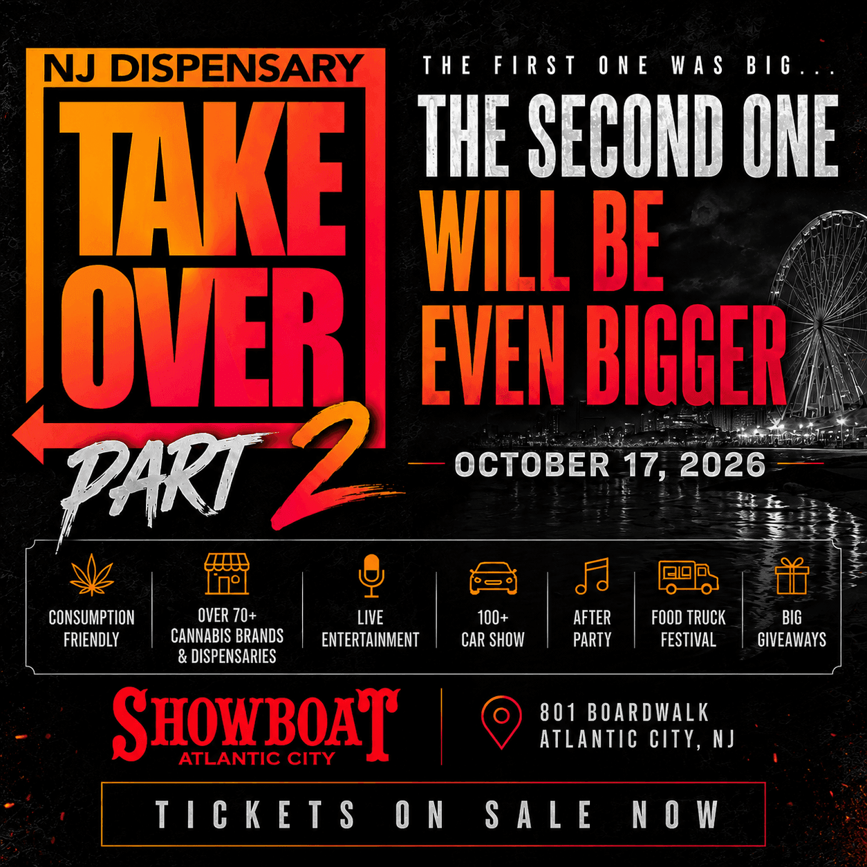 Promotional poster for NJ Dispensary Takeover Part 2 event featuring cannabis brands, entertainment, and giveaways on October 17, 2026