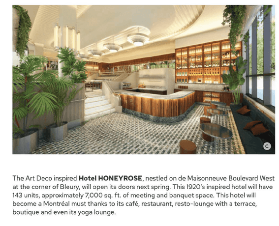 What's new in Montreal magazine article at Honeyrose Hotel