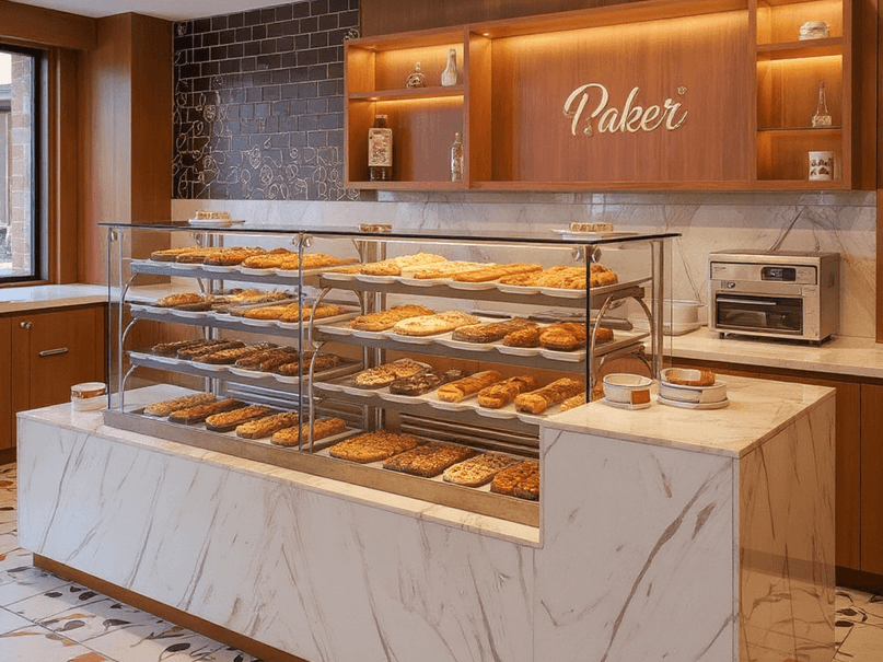 A bakery shop with a glass display case filled with pastries.
