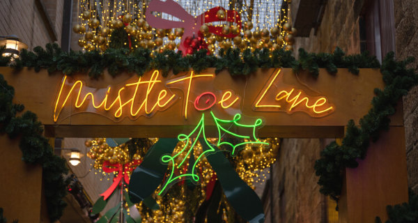 Mistle Toe Lane at night with Christmas decorations in Sydney's The Rocks area