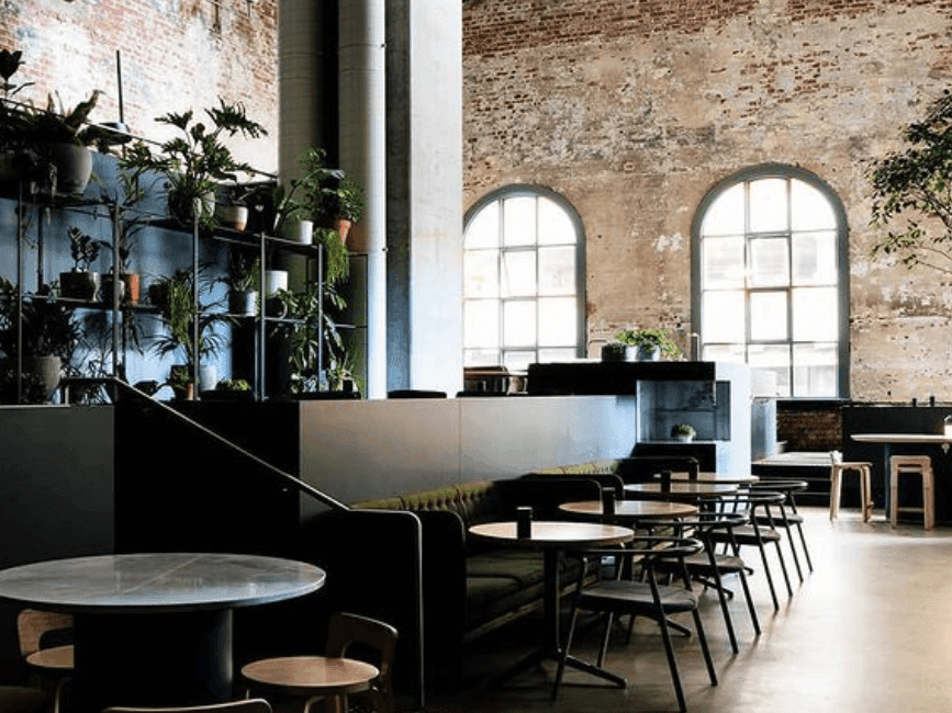 Inside cafe with large windows